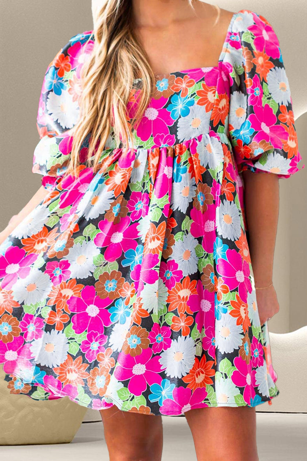 Printed Square Neck Half Sleeve Mini Dress  Blue Hawthorn Boutique