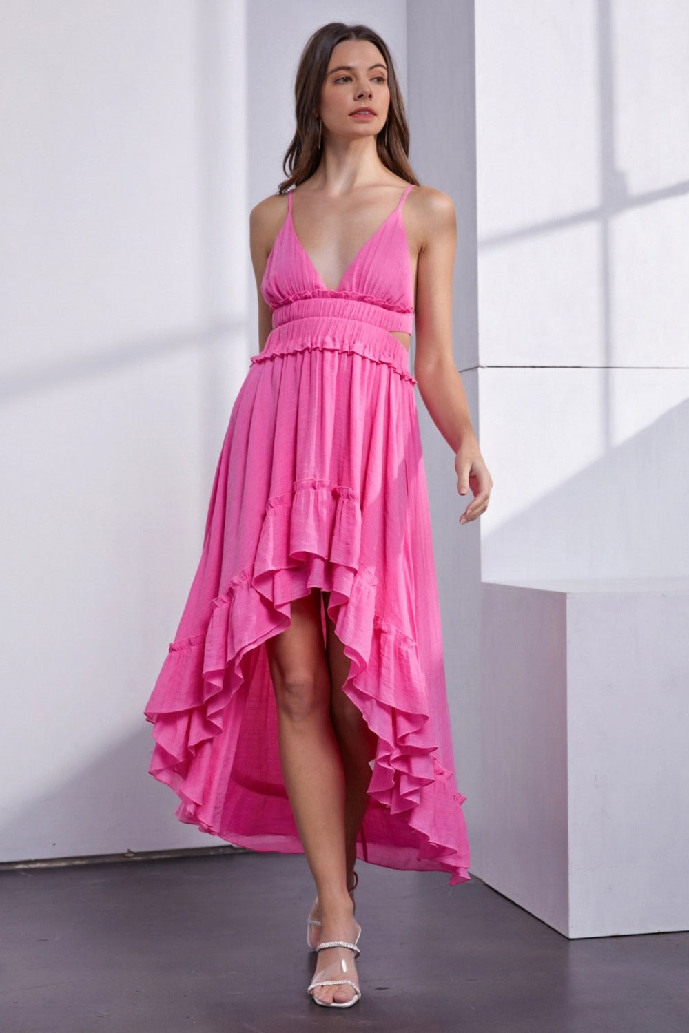 Mustard Seed Asymmetric Ruffle Open Back Cutout Cami Dress – Blue Hawthorn  Boutique