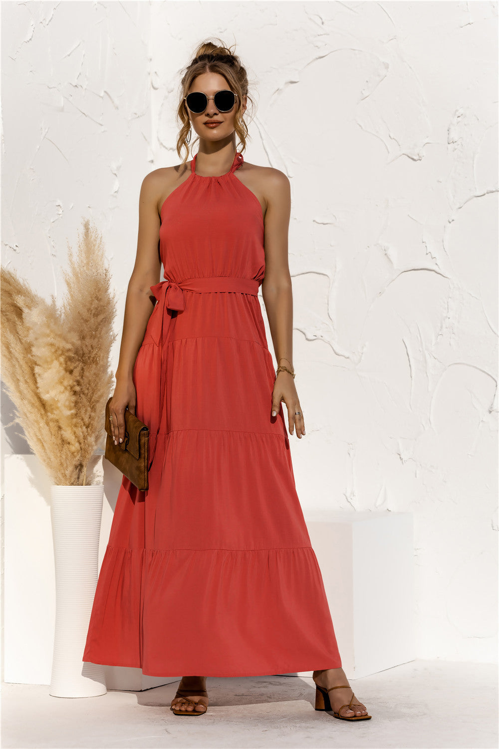 Klay Halter Neck Tie Waist Tiered Maxi Dress