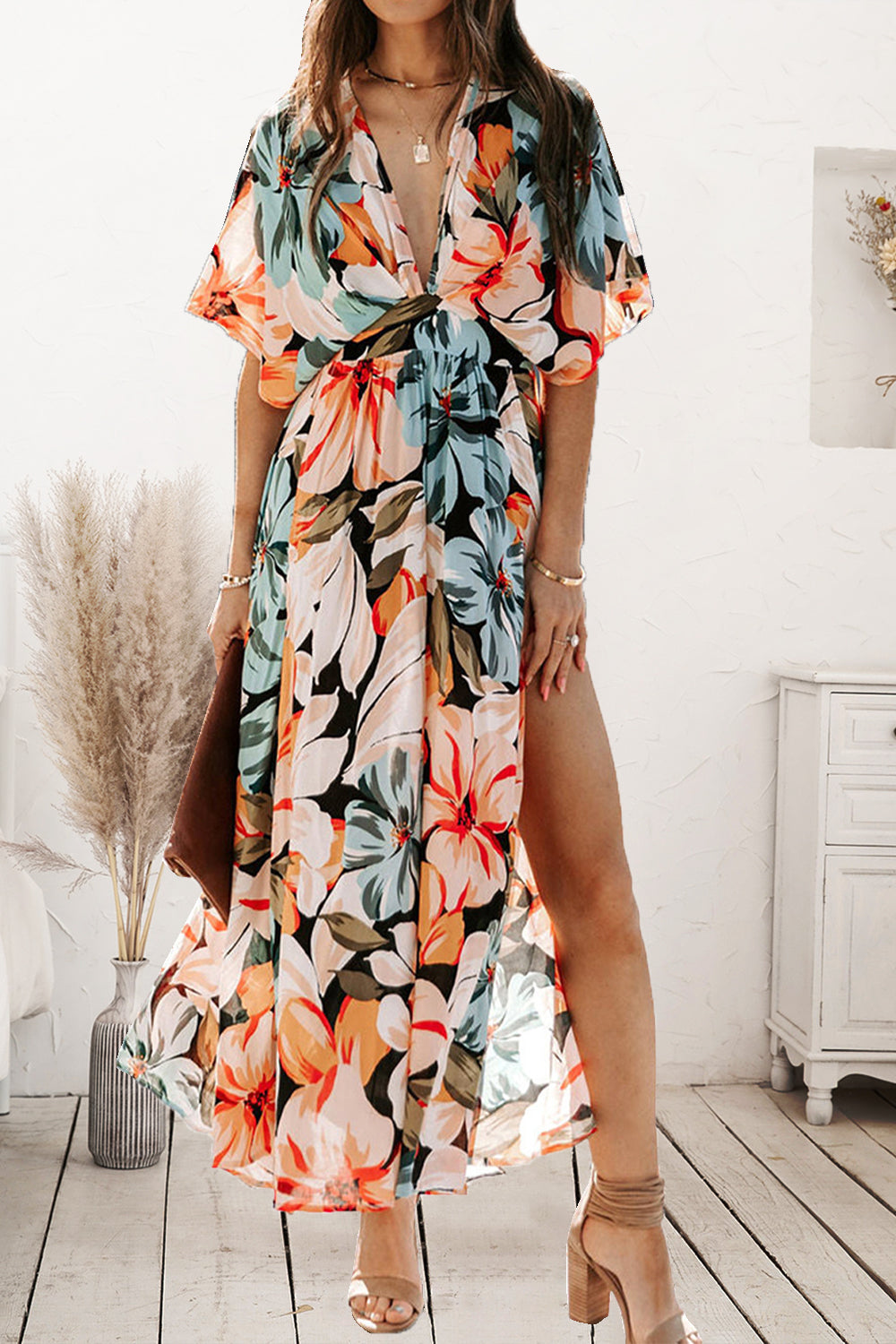 Plunge Split Printed Short Sleeve Dress – Blue Hawthorn Boutique