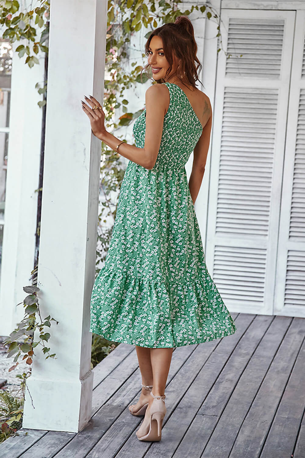 Ditsy Floral Smocked One-Shoulder Dress  Blue Hawthorn Boutique