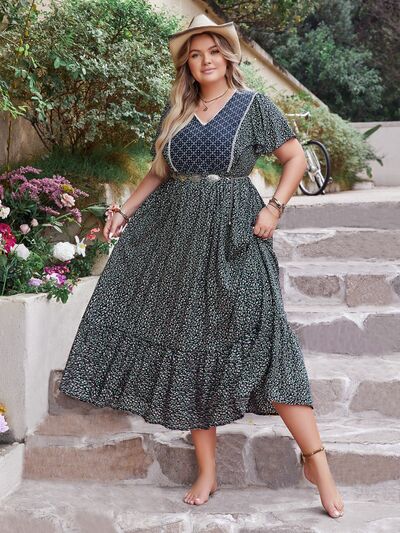 Plus Size Printed V-Neck Flutter Sleeve Midi Dress – Blue Hawthorn Boutique