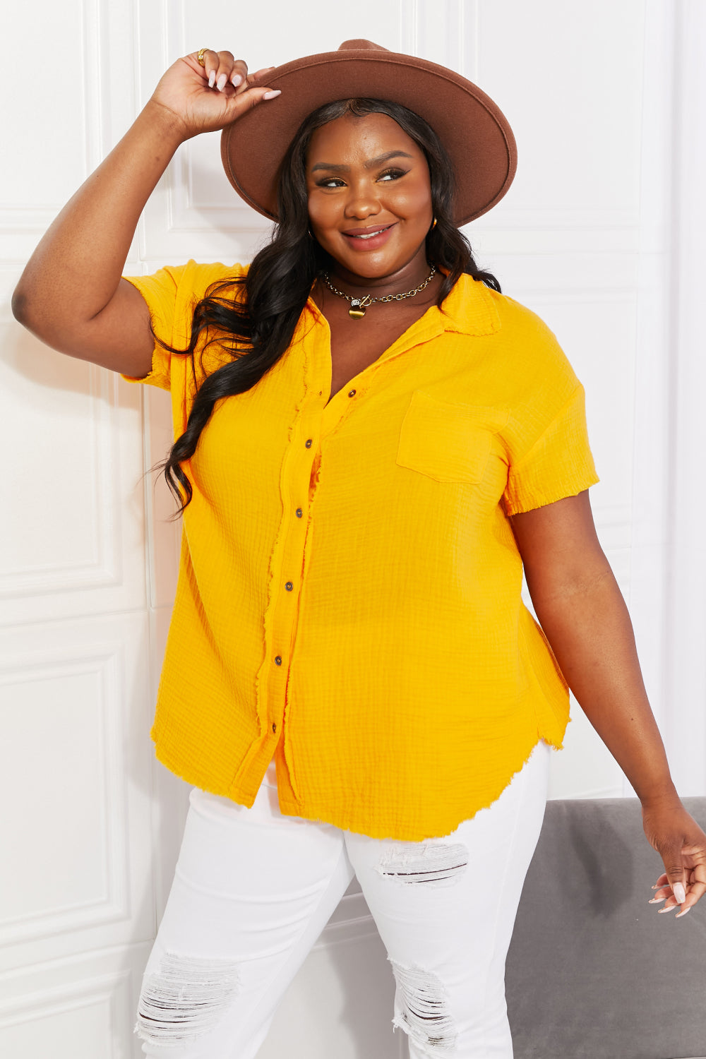 Mustard yellow button up shirt sale short sleeve