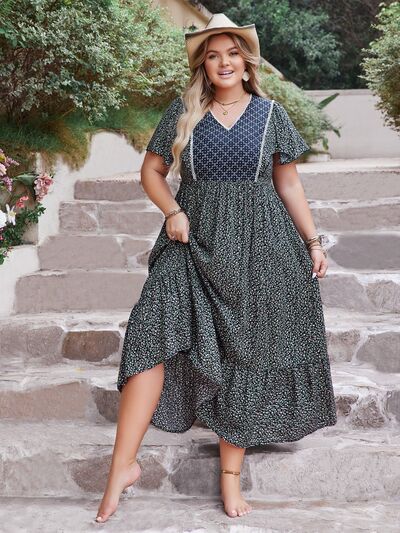 knee length dresses for ladies Plus Size Printed V-Neck Flutter Sleeve Midi Dress – Blue Hawthorn Boutique