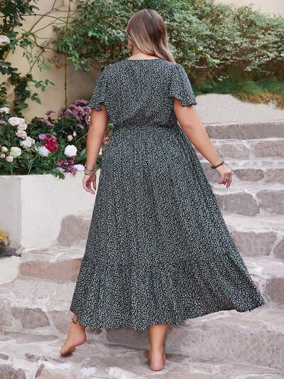 Plus Size Printed V-Neck Flutter Sleeve Midi Dress – Blue Hawthorn Boutique