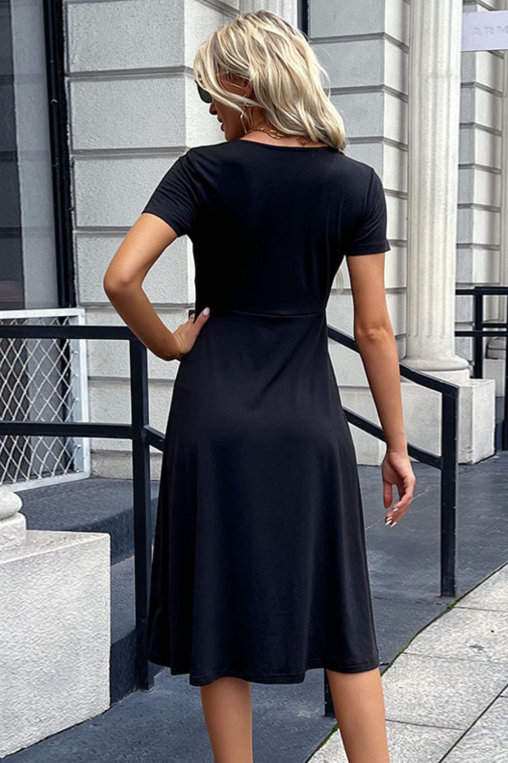 Halter Neck Cheap A Line Dresses Casual Buttoned Short Sleeve Slit Dress  Black S
