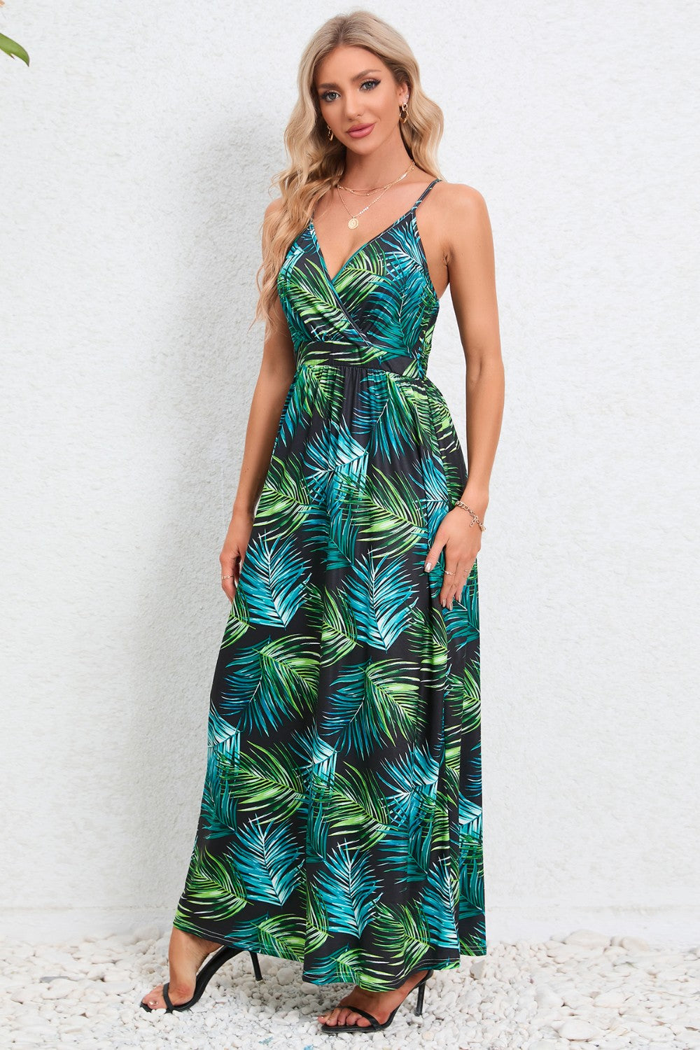 Printed Surplice Maxi Cami Dress  Blue Hawthorn Boutique