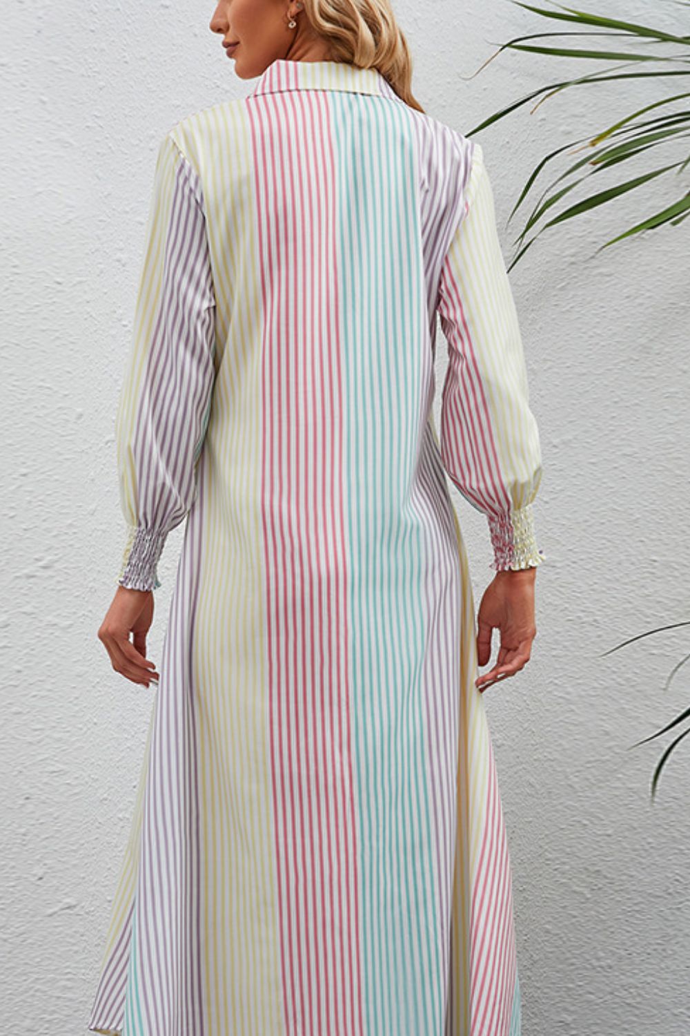 Wholesale MOQ6 Rainbow Stripe Button-Up Maxi Shirt Dress