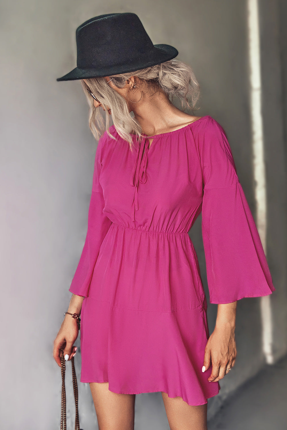 Tie Neck Flare Sleeve Mini Dress Hot Pink / L