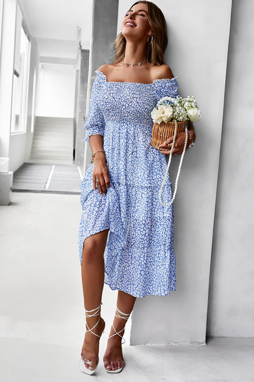 blue dress for baby girl Boho Off Shoulder Floral Maxi Dress – Blue Strapless Summer Dress in Blue | Women's Boho Fashion | S main image 1