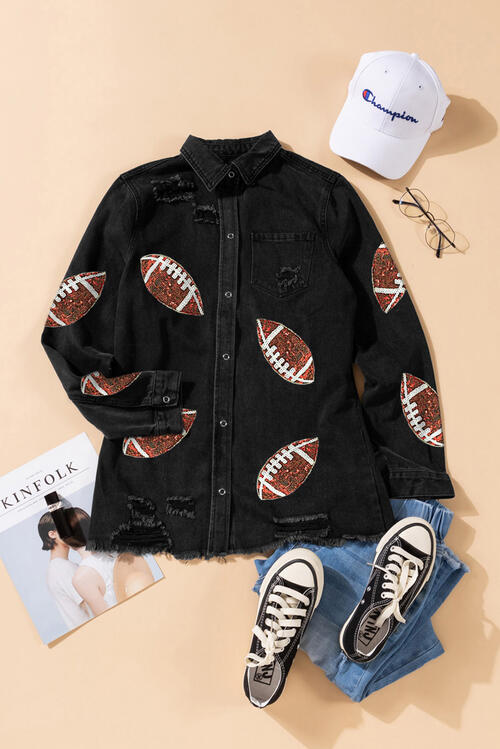 Sequin Football Patch Snap Down Distressed Jacket – Blue Hawthorn