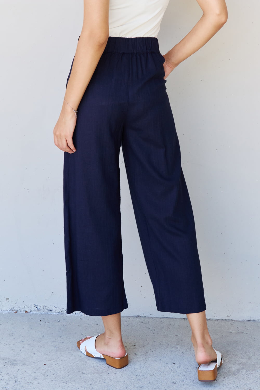 Linen Blend Wide Leg Culottes - Navy