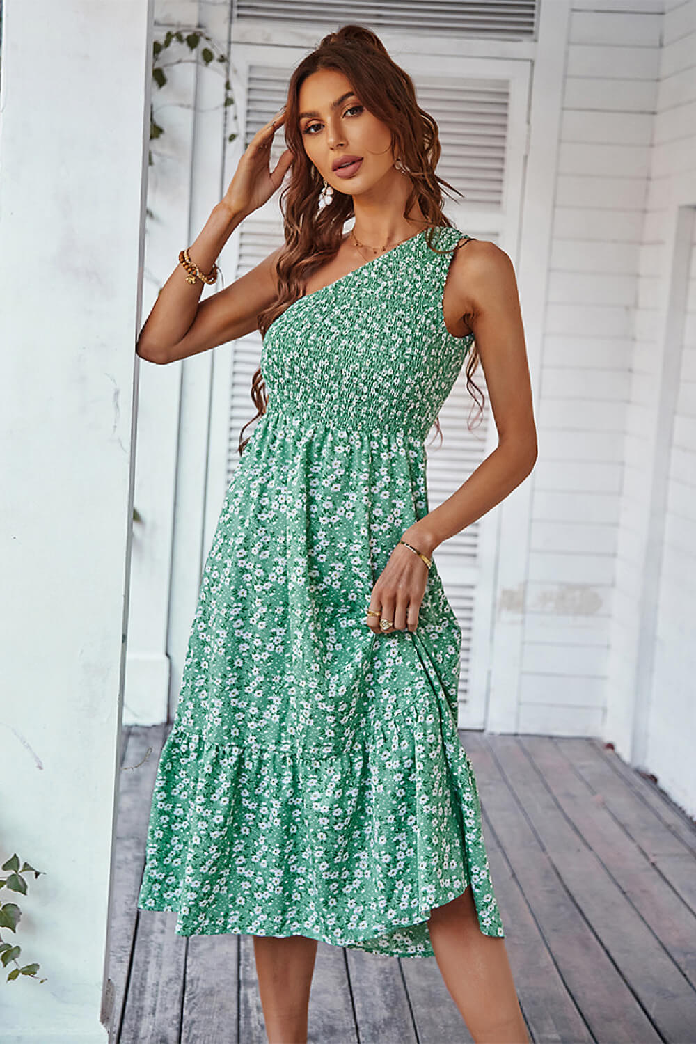 Ditsy Floral Smocked One-Shoulder Dress – Blue Hawthorn Boutique