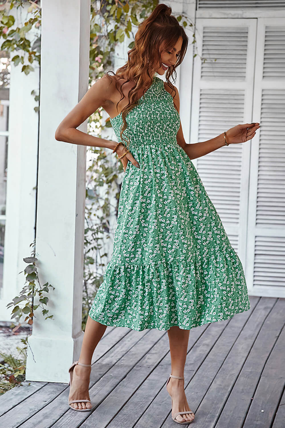 green emerald velvet dress Green Ditsy Floral Avery Midi Dress