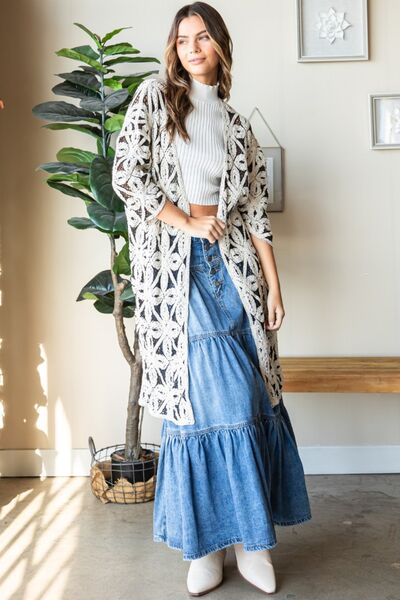 Veveret Geometric Open Front Three-Quarter Sleeve Cardigan – Blue