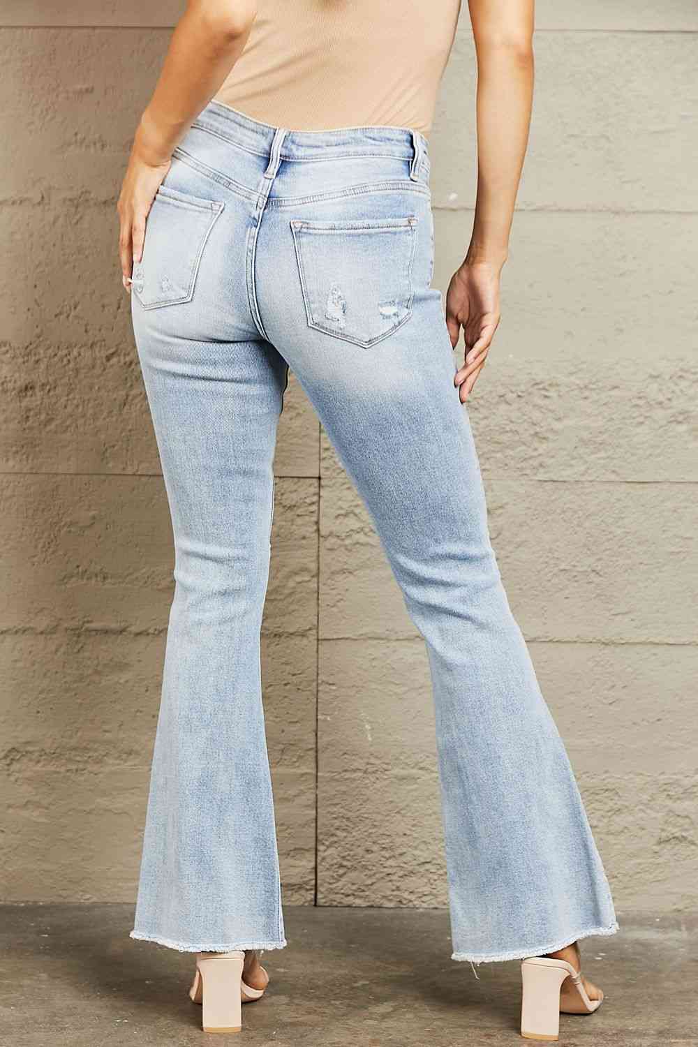 KanCan Women's Acid Wash High Rise Frayed Hem Flare Jeans - Light