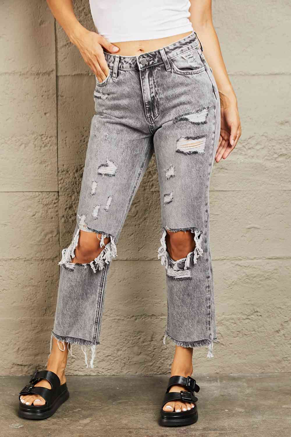 BAYEAS Acid Wash Distressed Straight Jeans - Main Image