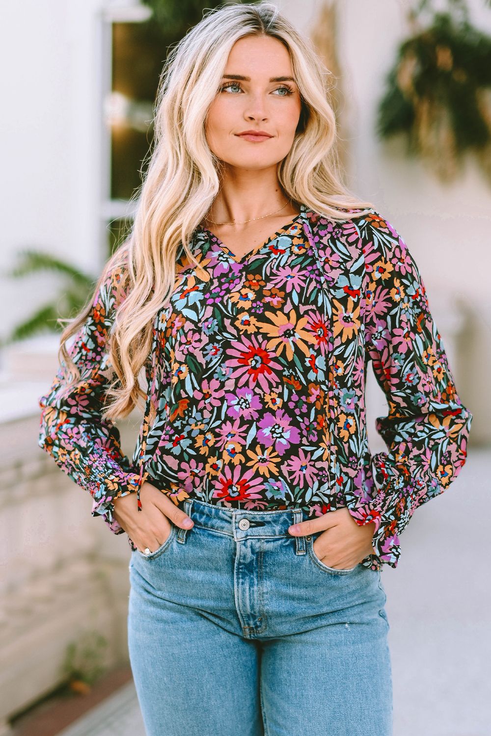 Printed Tie-Neck Long Flounce Sleeve Blouse