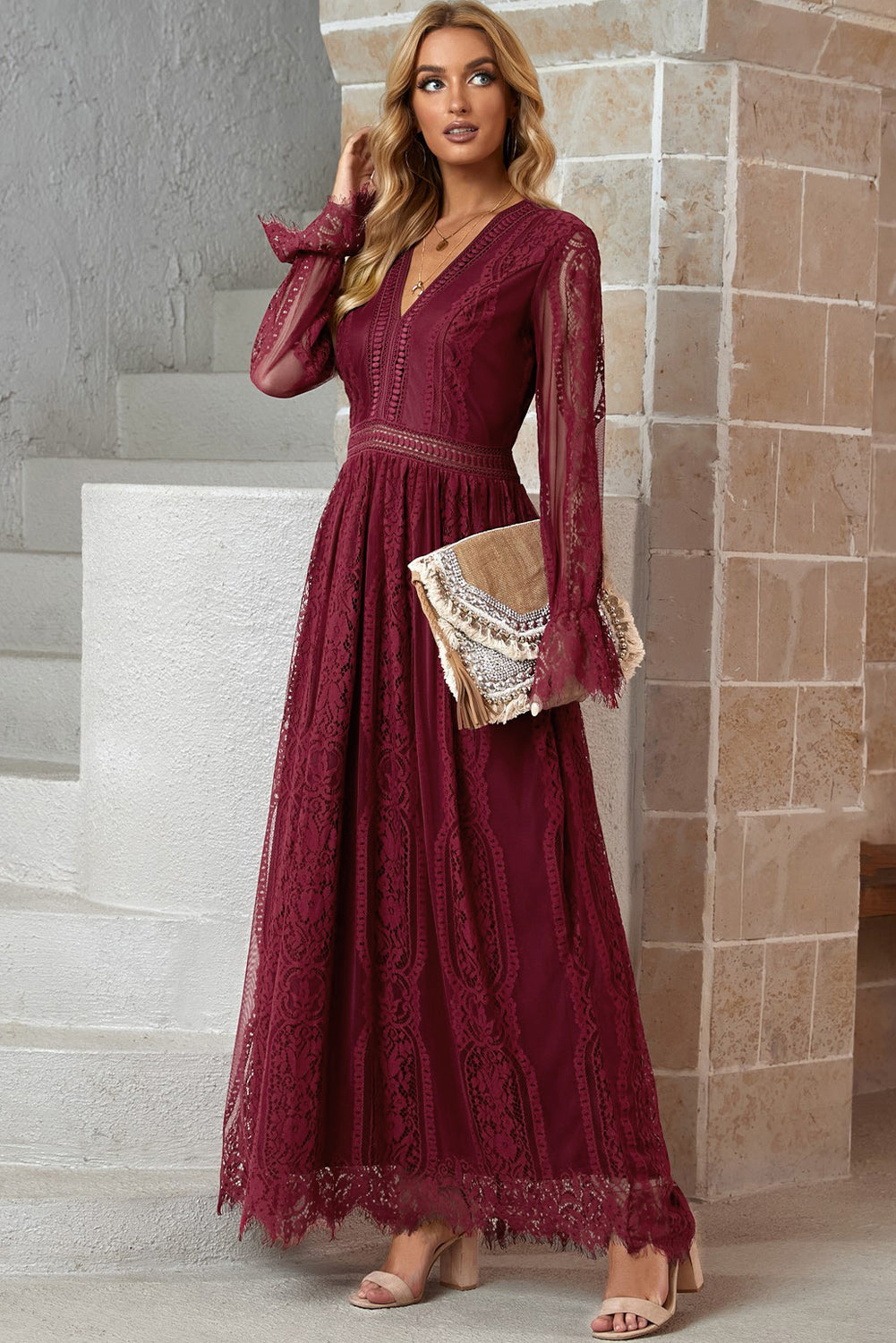 Scalloped Hem Flounce Sleeve Lace V-Neck Maxi Dress – Blue Hawthorn Boutique