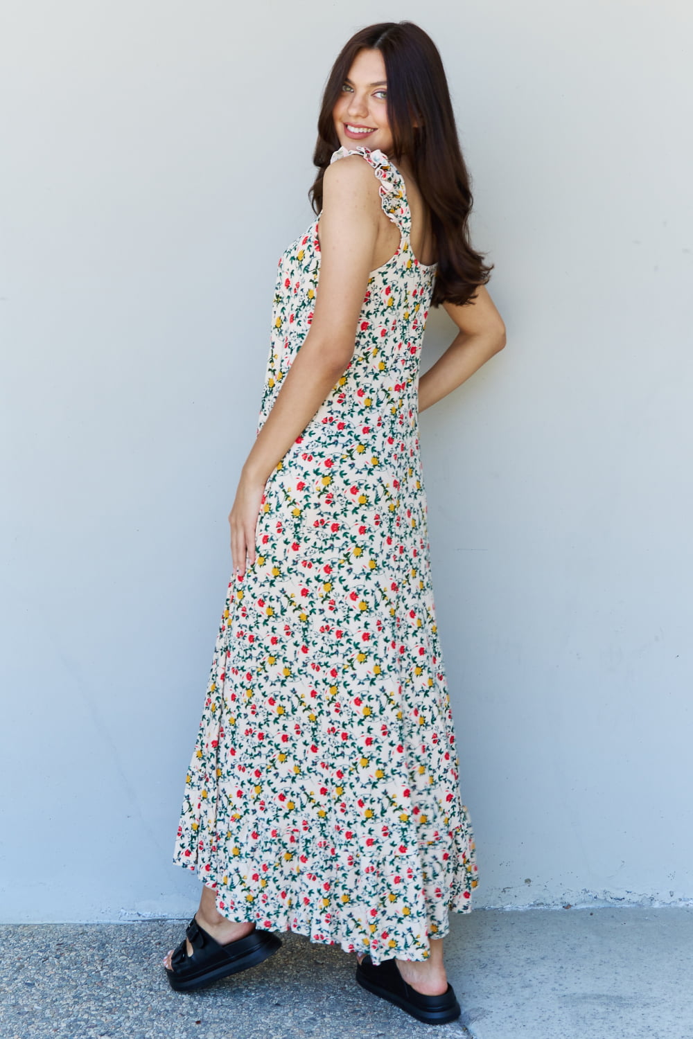 Doublju In The Garden Ruffle Floral Maxi Dress in Natural Rose  Blue  Hawthorn Boutique