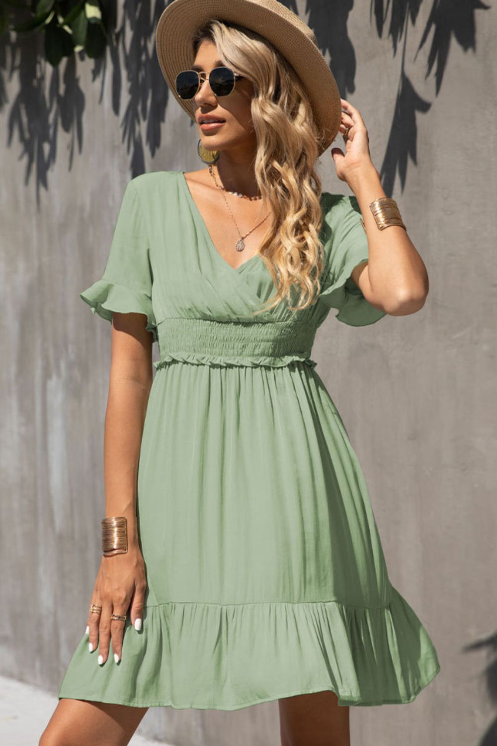 Smocked Waist Flounce Sleeve Ruffle Hem Dress  Blue Hawthorn Boutique
