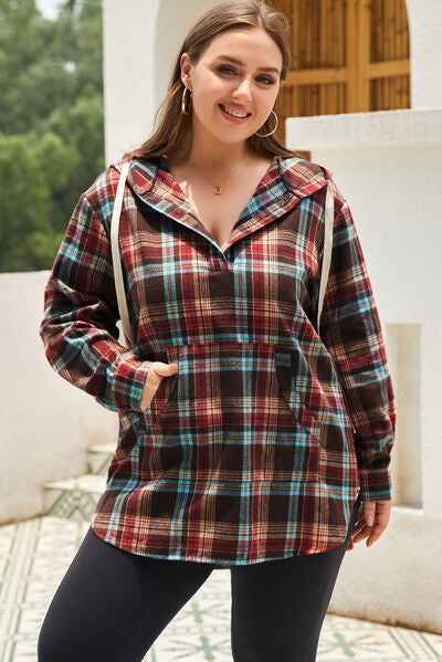 Plus Size Drawstring Plaid Quarter Button Hoodie Blue Hawthorn