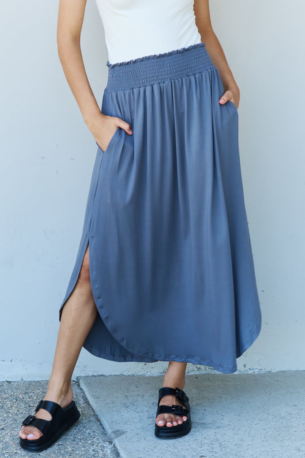 knee length dresses for ladies Doublju Comfort Princess Full Size High Waist Scoop Hem Maxi Skirt in –  Blue Hawthorn Boutique main image 1