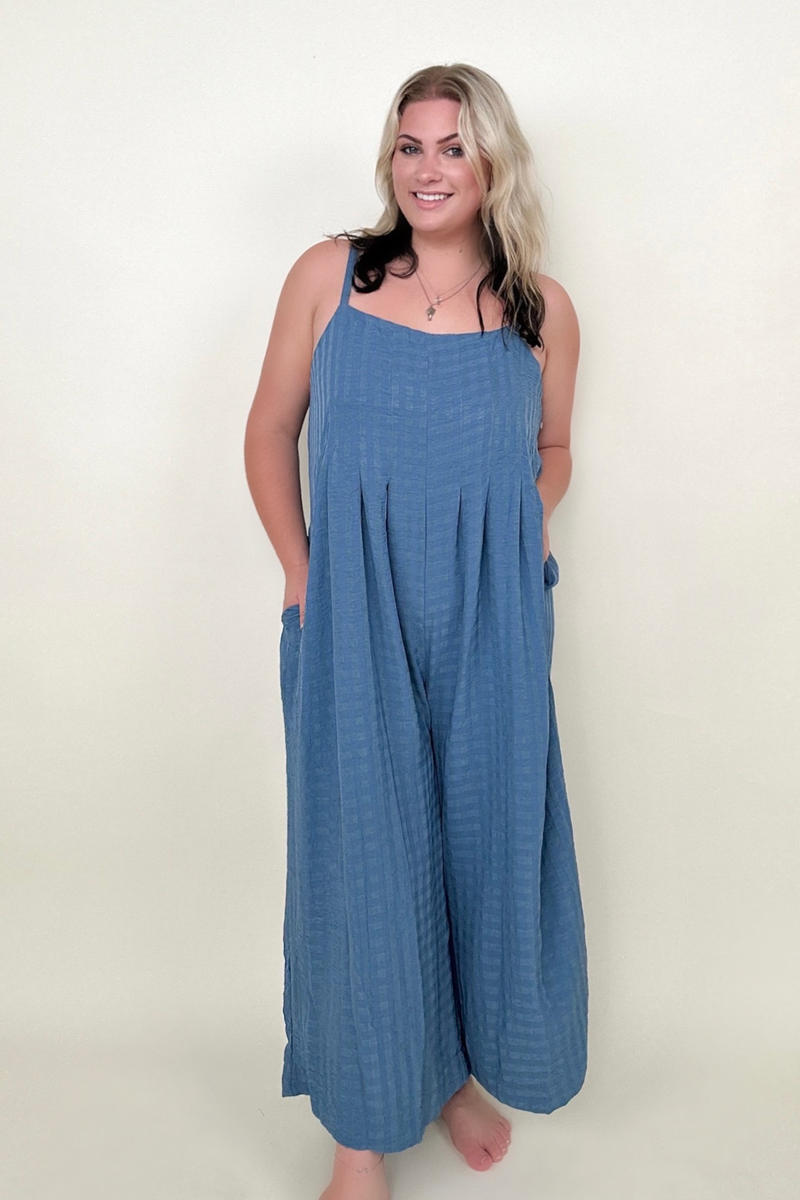 Gigio Textured Woven Spaghetti Strap Jumpsuit  Blue Hawthorn Boutique