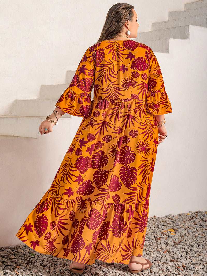 Plus Size Lace Detail Printed V-Neck Maxi Dress