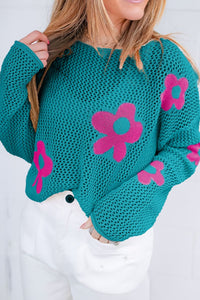 Flower Boat Neck Long Sleeve Knit Cover Up