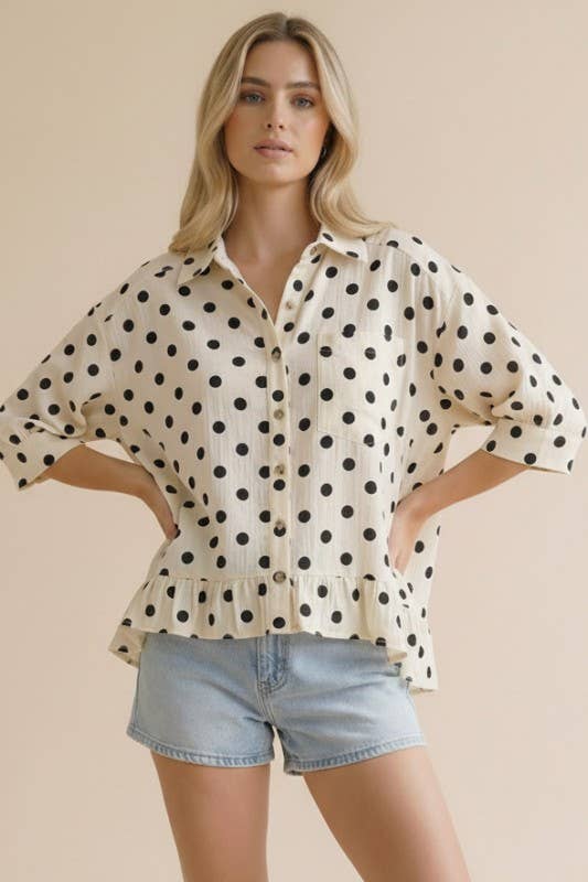 Plus Collared Button Down Peplum Polka Dot Print