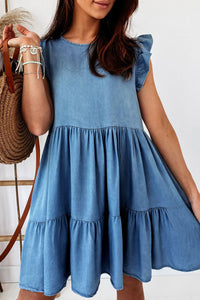 Ruffled Round Neck Cap Sleeve Mini Dress