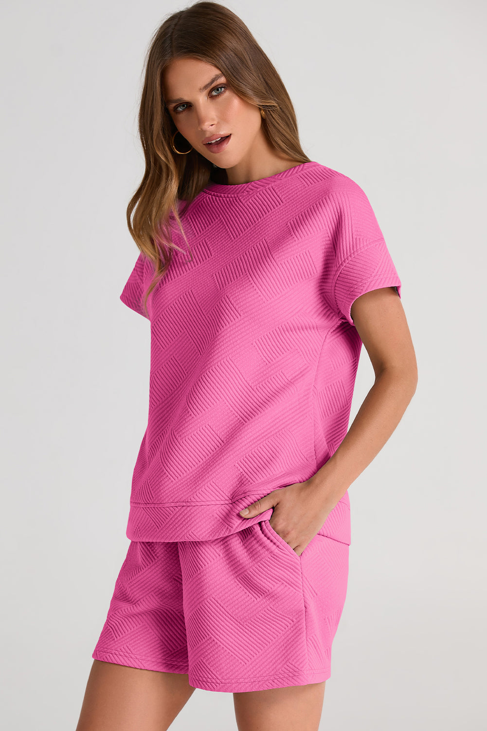 Textured Round Neck T-Shirt and Shorts Set