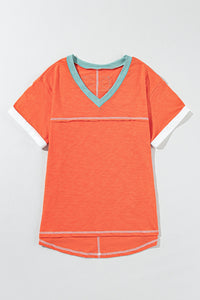 Color Block V-Neck Short Sleeve T-Shirt