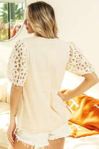 BiBi Round Neck Top with Flower Lace Puff Sleeve