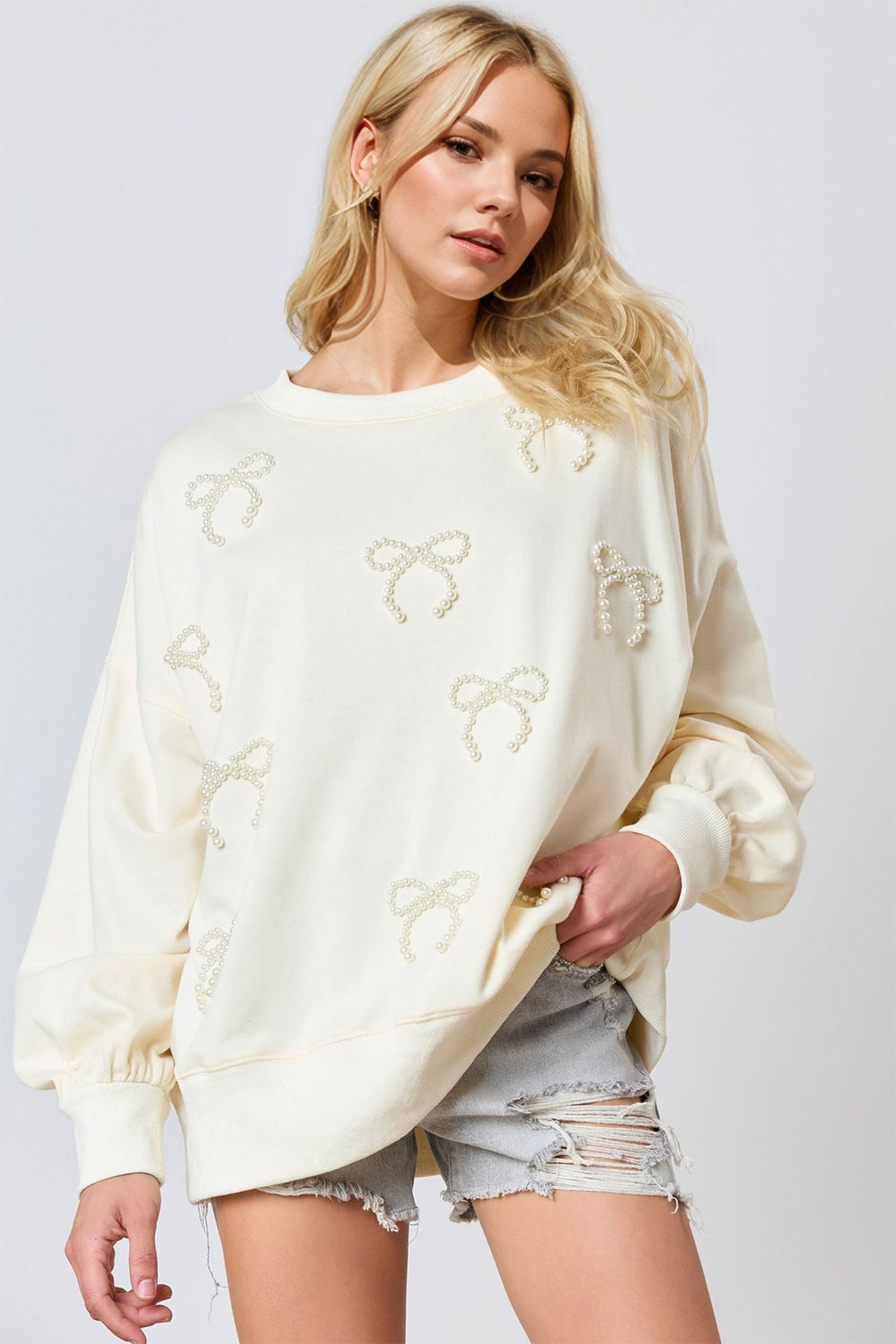 Pearl Bow Round Neck Dropped Shoulder Sweatshirt