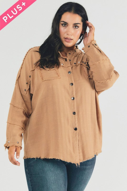 Plus Distressed hem button down oversize shirt