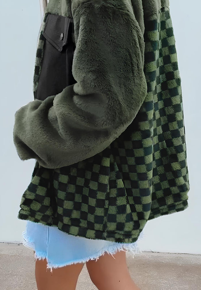 Pocketed Checkered Collared Neck Snap Down Jacket