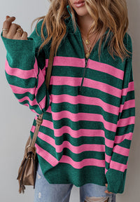 Contrast Striped Quarter Zip Long Sleeve Sweater