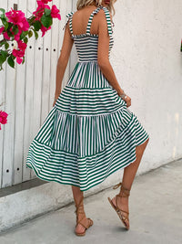 Smocked Striped Square Neck Midi Dress