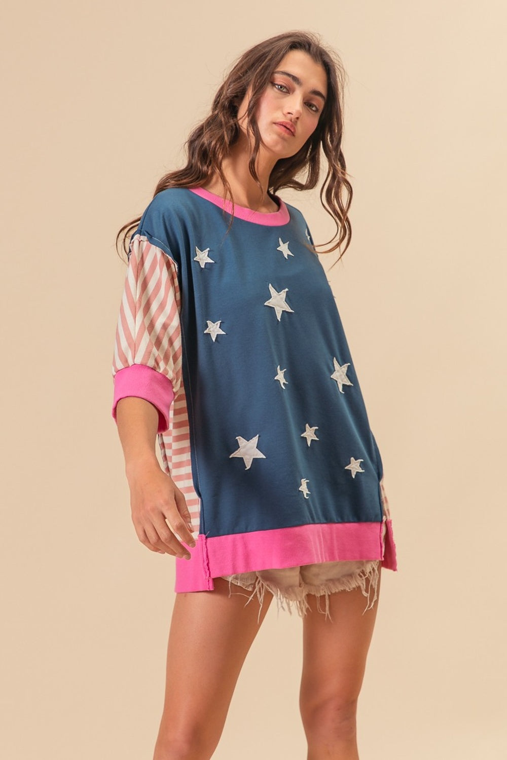 BiBi US Flag Theme Color Block Star Patch T-Shirt