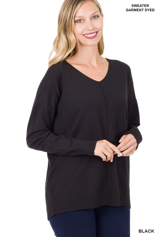 Hi-Low Garment Dyed V-Neck Front Seam Sweater