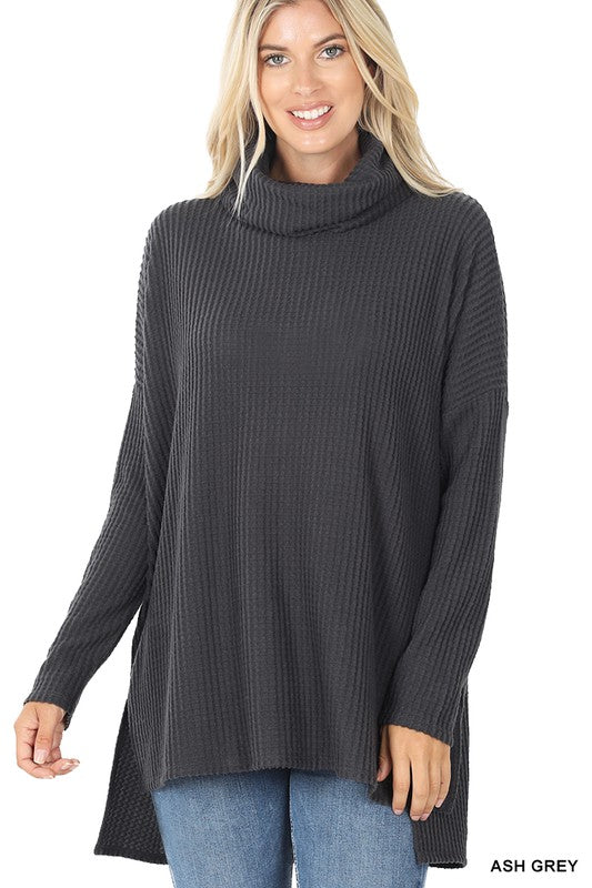 Brushed Thermal Waffle Cowl Neck Hi-Low Sweater