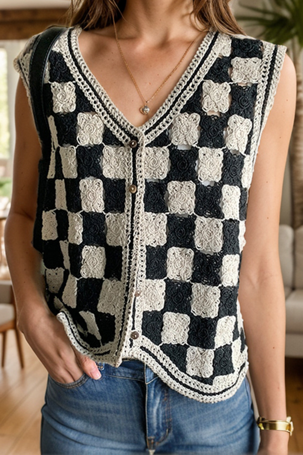 Crochet Checkered V-Neck Button Up Vest