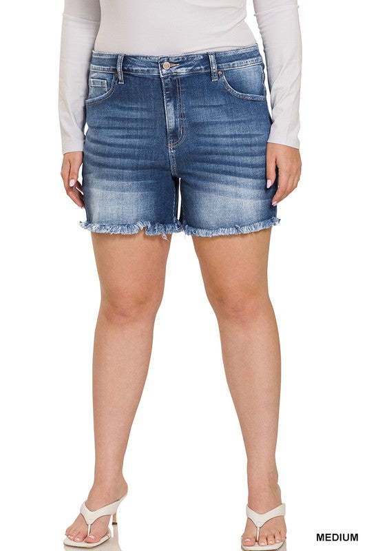 ZENANA MID RISE RAW FRAYED HEM DENIM SHORTS