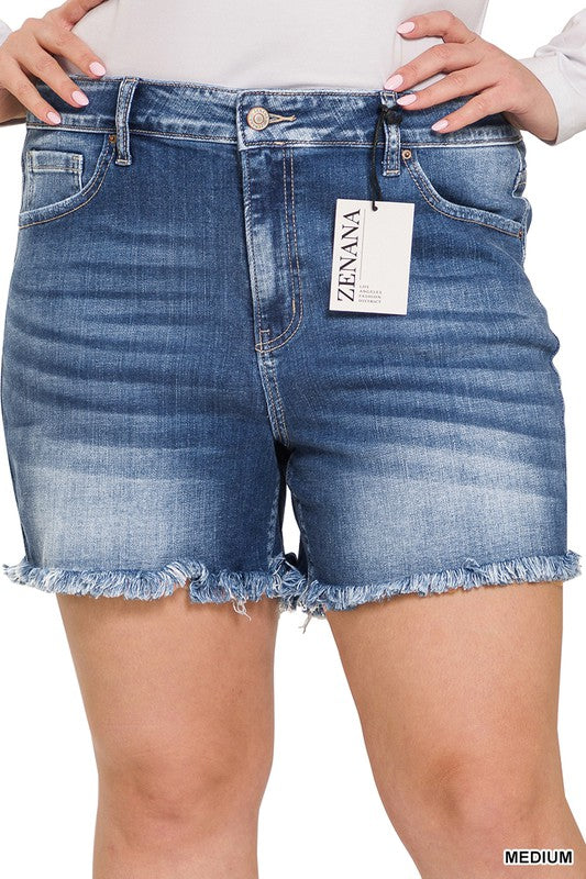 ZENANA MID RISE RAW FRAYED HEM DENIM SHORTS