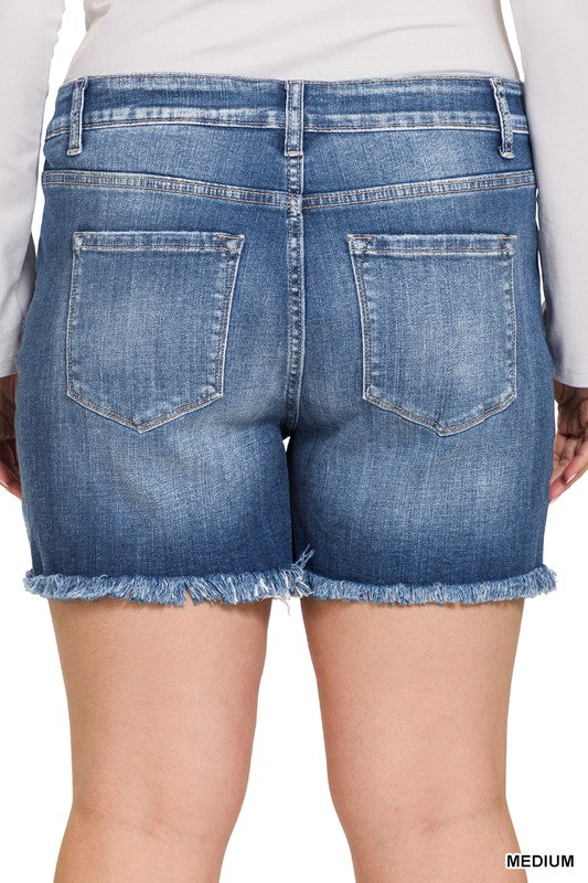 ZENANA MID RISE RAW FRAYED HEM DENIM SHORTS