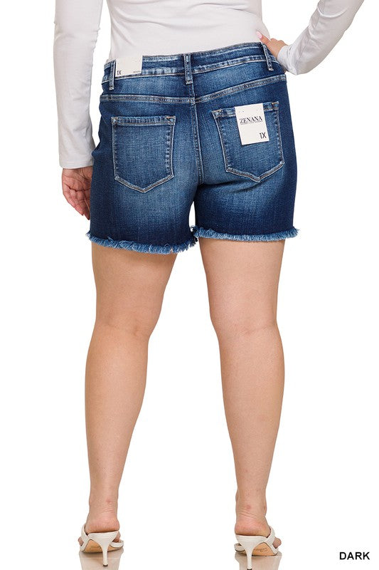 ZENANA MID RISE RAW FRAYED HEM DENIM SHORTS