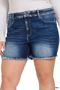 ZENANA MID RISE RAW FRAYED HEM DENIM SHORTS