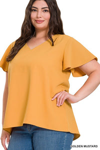 WOVEN FLUTTER SLEEVE V-NECK TOP